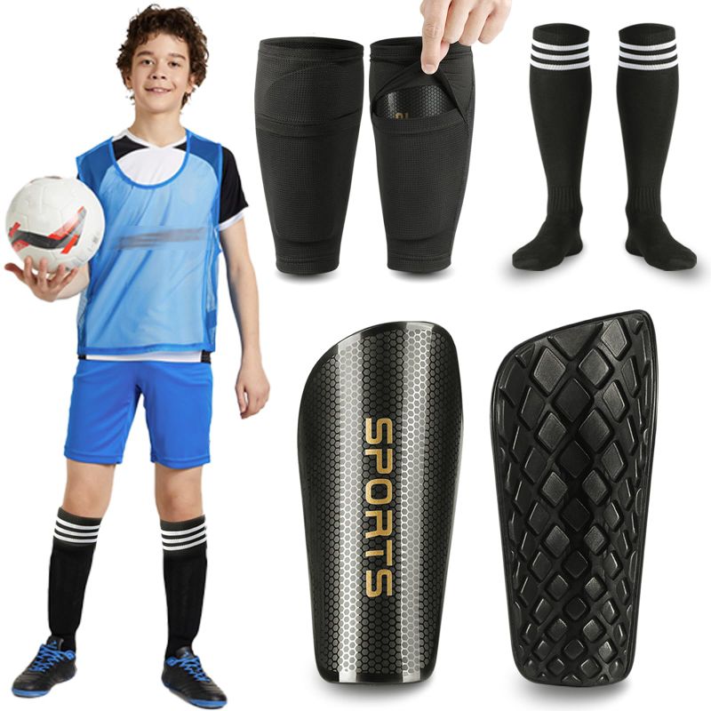 Photo 1 of Soccer Shin Guards Toddler and Kids - Shin Pads Set with Shin Sleeves and Long Soccer Socks for Age 3-5, 4-6, 5-7, 6-8, 8-10,10-16 Teens Boys and Girls - Lightweight Football Equipment (M, Black)