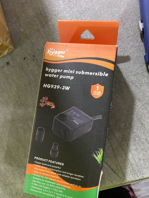 Photo 1 of hygger Ultra Quiet 53GPH (200L/H, 3W) Submersible Mini Water Pump Comes with 2 Nozzles, for Aquariums, Fish Tank, Fountain, Hydroponics, Max Lift Height 1.7ft ,120V/60HZ, Power Cord 6ft