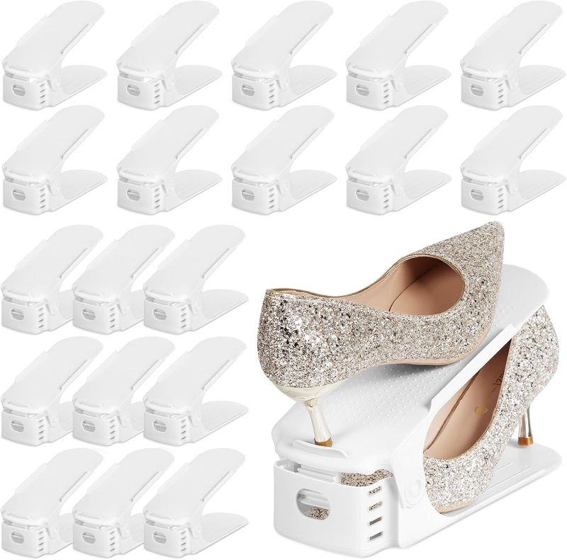 Photo 1 of  20 Pack Shoe Slots Organizer Shoe Stacker for a Pair of Shoes 4 Levels Adjustable 50% Shoe Space Saver Double Layer Shoe Rack Organizer for Closet (White)