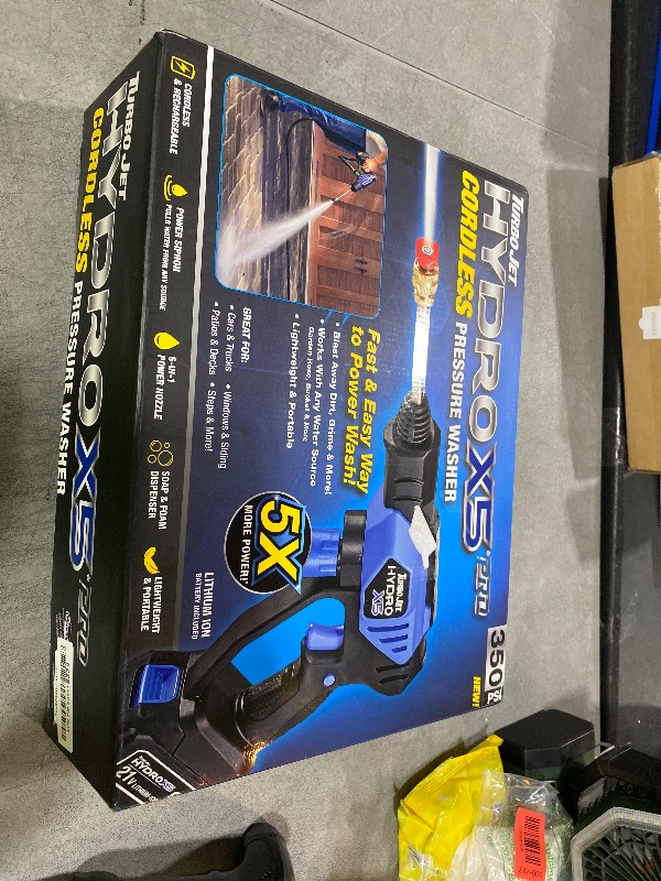 Photo 1 of Ontel Turbo Jet HydroX5 Pro Portable Cordless Pressure Washer (21V 3000mAh Battery), 6-in-1 Nozzle, Dual Water Source, 16ft Detachable Hose