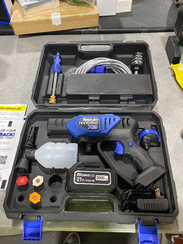 Photo 1 of Ontel Turbo Jet HydroX5 Pro Portable Cordless Pressure Washer (21V 3000mAh Battery), 6-in-1 Nozzle, Dual Water Source, 16ft Detachable Hose