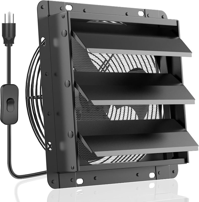Photo 1 of HG Power Upgraded 10 Inch Shutter Exhaust Fan, 647CFM Low Noise Shed Exhaust Fan with Mesh Screen for Basement, Gable, Chicken Coop Ventilation Use, Black