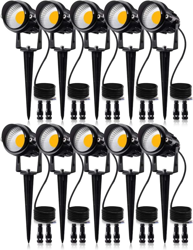 Photo 1 of SUNVIE 12W Low Voltage LED Landscape Lights with Connectors, Outdoor 12V Super Warm White (900LM) Waterproof Garden Pathway Lights Wall Tree Flag Spotlights with Spike Stand (10 Pack with Connector)