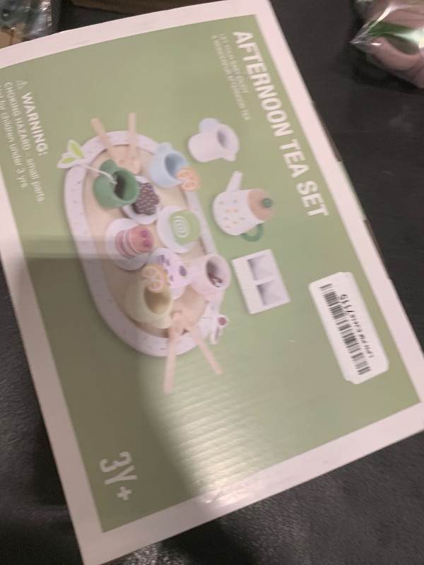 Photo 1 of WHOHOLL Wooden Tea Party Set for Little Girls Play Food, Toddler Girl Toys Play Kitchen Accessories with Teapot Tea Cup Dessert Toys 4 Set Playset- Pretend Play Set for Toddlers 1 2 3 5