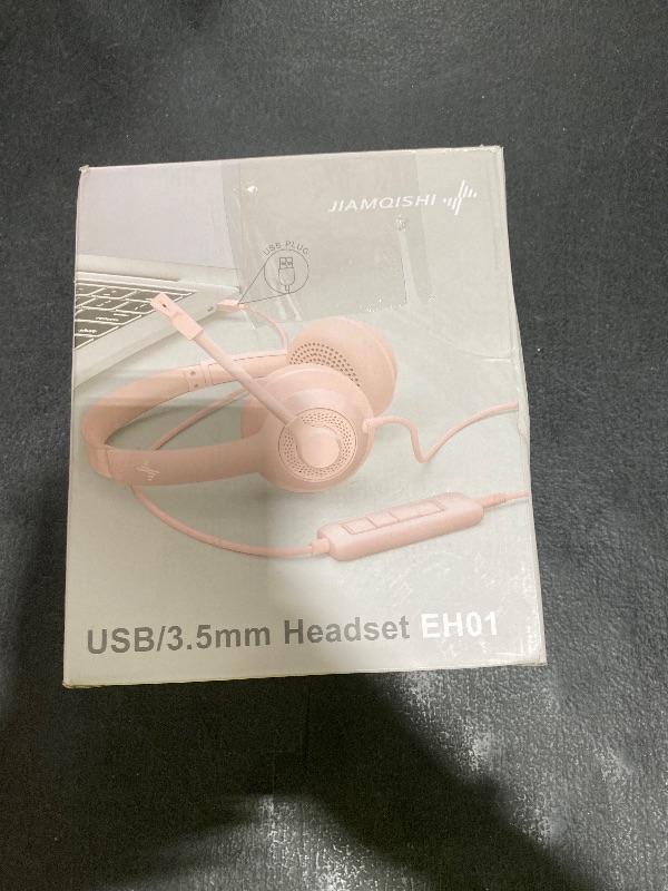 Photo 1 of JIAMQISHI USB Headset with Microphone for PC, On-Ear Computer Laptop Headphones with Noise Cancelling Mic in-line Control for Home Office Online Class Zoom (USB+3.5mm, Pink)