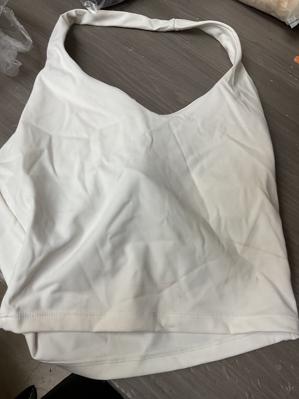 Photo 1 of YEOREO Women's Halter Crop Top V Neck Workout Going Out Tank Top Hazel Padded Sleeveless Backless Trendy Summer Camisole White X-Small