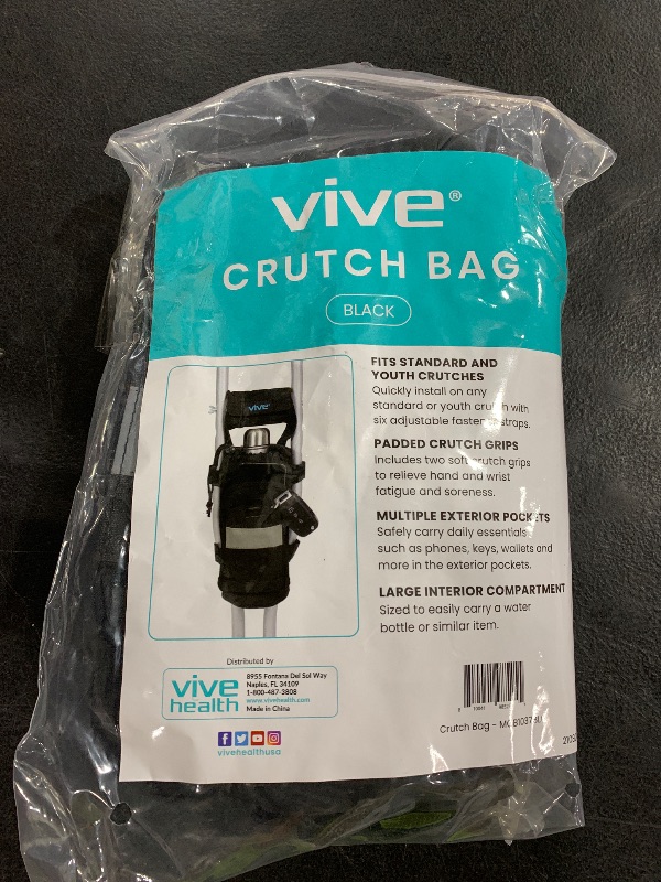Photo 1 of Vive Crutch Accessories Bag - Pouch for Crutches - Accessory Storage Carry Kit for Women, Men, Adults, Kids - Cup and Bottle Pocket Holder with Ergonomic Design (Black)
