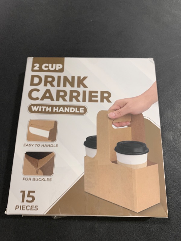 Photo 1 of ZPU 2 Cup Drink Carrier with Handle, 15Pcs 12-20oz Cardboard Coffee Cup Holders, Disposable Portable Foldable 2 or 4 Cup Carriers for Drinks, Takeout, Cafe and Restaurant Food Service Delivery