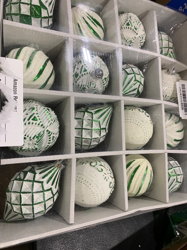 Photo 1 of 16PCS Shatterproof Christmas Ball Ornaments Set, Hand-Painted Holiday Decor with Assorted Sizes & Designs for Christmas Tree Thanksgiving Party Decoration, Green-White