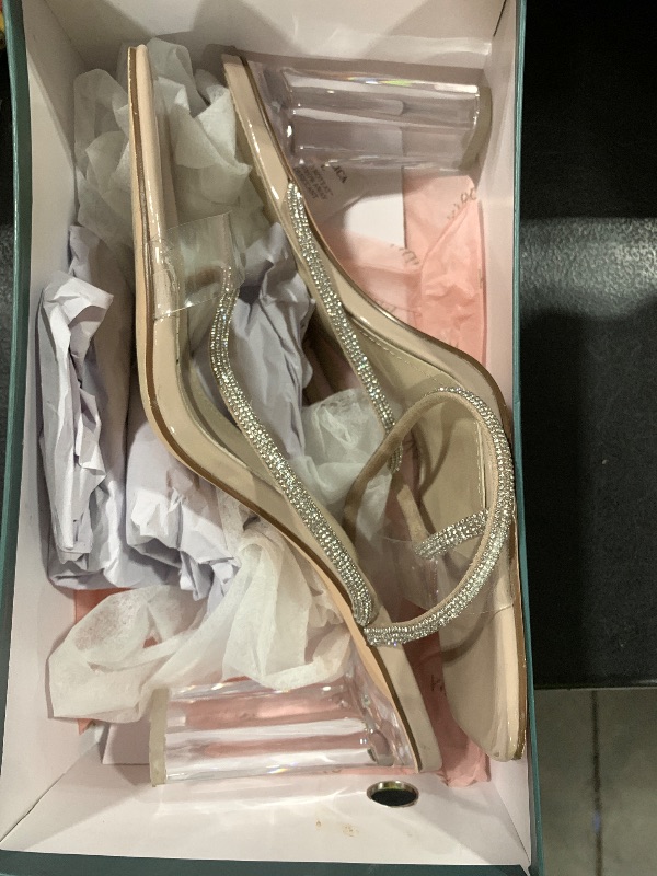 Photo 1 of vivianly Womens Square Toe Clear Rhinestone Strappy Heeled Sandals Transparent Block High Heels Slides Slipper Wedding Dress size 11