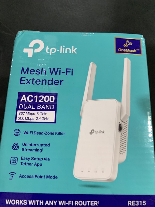 Photo 1 of TP-Link AC1200 WiFi Extender, 2025 Wirecutter Best WiFi Extender, 1.2Gbps Home Signal Booster, Dual Band 5GHz/2.4GHz, Up to 1600 Sq.ft and 32 Devices, EasyMesh Compatible, One Ethernet Port (RE315)