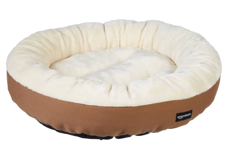 Photo 1 of Amazon Basics Round Bolster Pet Bed for Dog or Cat with Flannel Top, 20.0" L x 20.0" W x 8.0" Th, Brown and Ivory