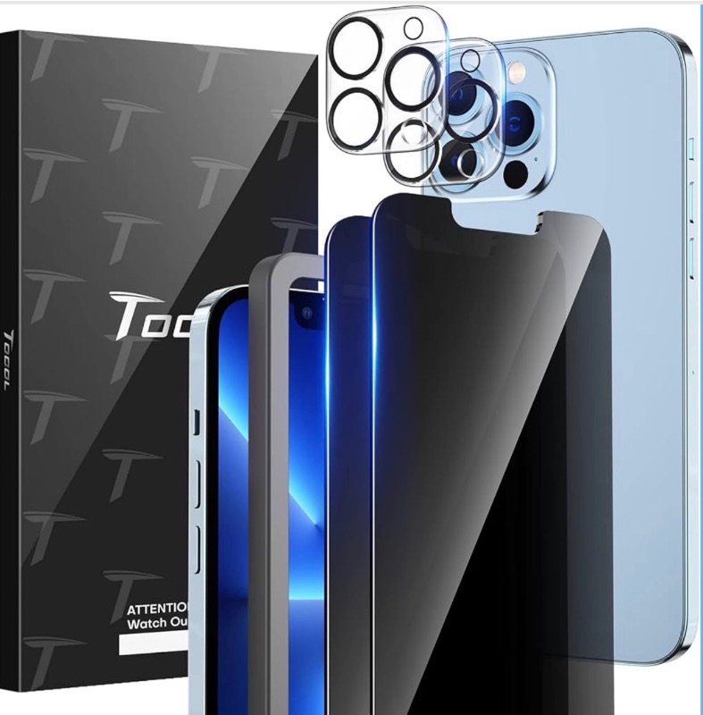 Photo 1 of TOCOL 4 Pack for iPhone 13 Pro Max,2 Pack Privacy Tempered Glass Screen Protector+2 Pack Camera Lens Protector,Bubble Free,9H Hardness,Scratch Resistant