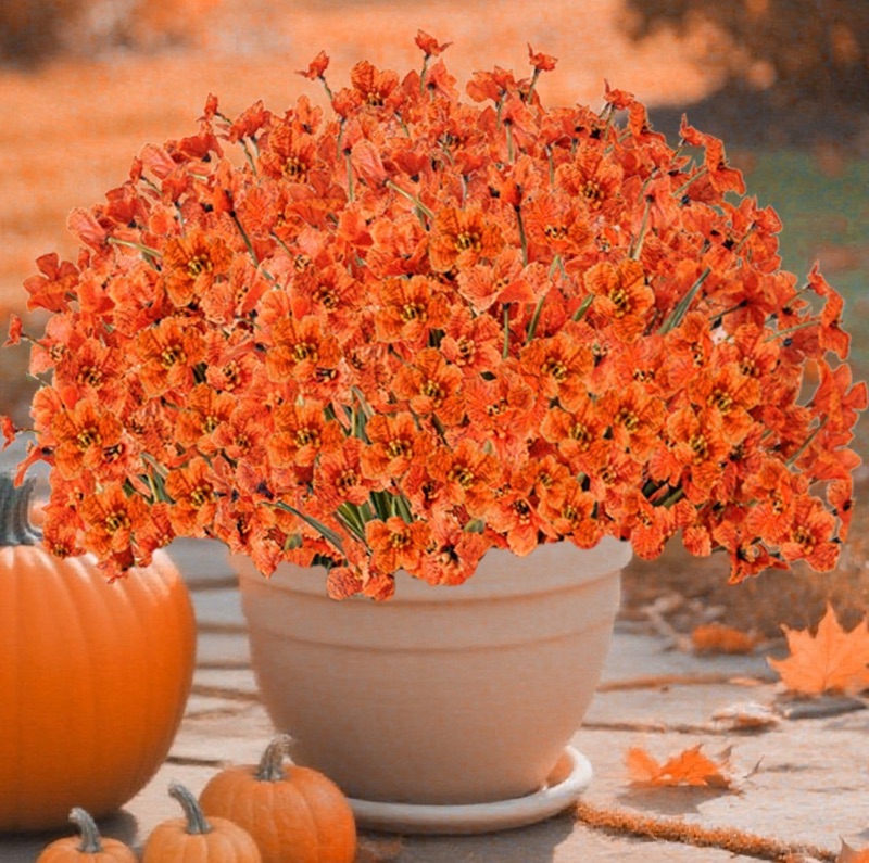 Photo 1 of 16 Bundles Artificial Fall Mums for Outdoors Decorations, UV Resistant Flowers Faux Mums for Outdoor Planters Harvest Garden Window Patio Autumn Porch Home Decor (Orange)
