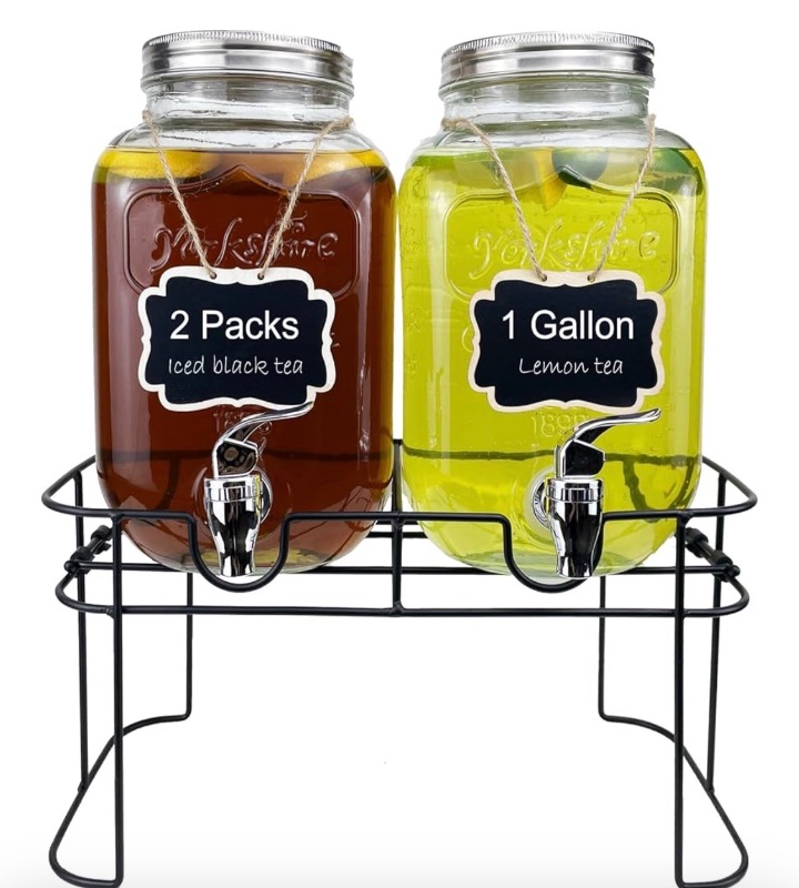 Photo 1 of 1 Gallon Glass Drink Dispenser for Parties, 2 Packs Juice Lemonade Ice Tea Water Dispenser with Stand, HENABLE Beverage Dispensers with Spigot for BBQ, Picnic, Party