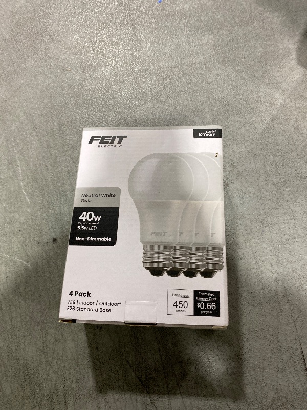 Photo 1 of Feit Electric A19 LED Light Bulb, 40-Watt Equivalent, 3500K Neutral White, E26 Base, 450 Lumens, 11,000-Hour Lifespan, General-purpose Residential or Commercial Applications, A450/835/10KLED/4, 4-Pack