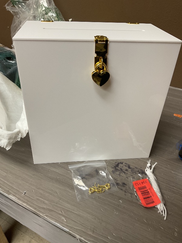 Photo 1 of UNIQOOO White & Gold Heart Lock Acrylic Card Box, Modern DIY Wedding & Occasion Box, 10x10x5.5 inches