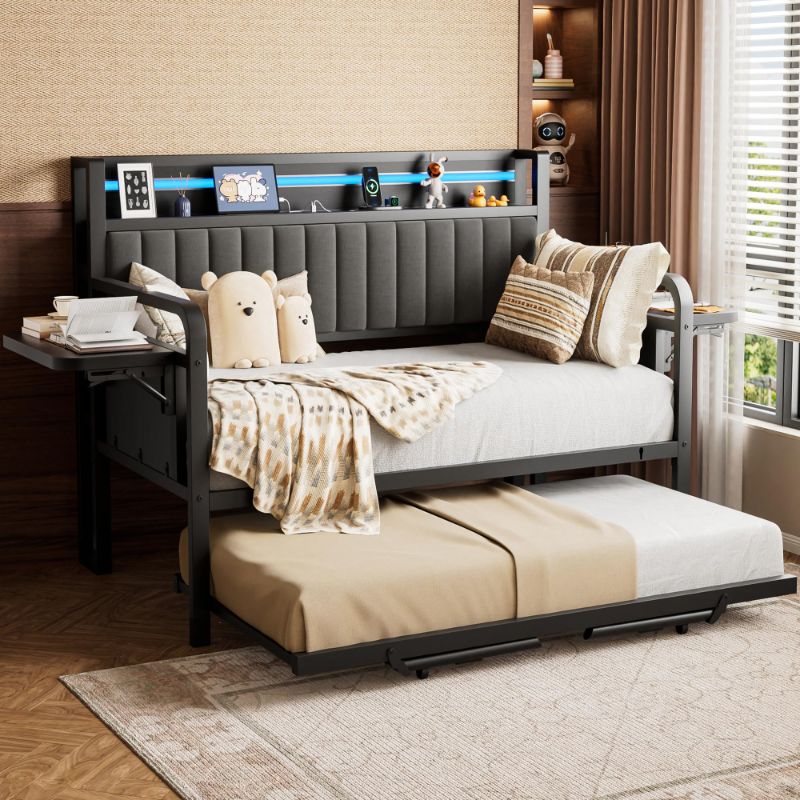 Photo 1 of Daybed with Trundle and LED Light, Heavy Duty Metal Twin Bed Frame with Upholstered Storage Headboard & Charging Station, Day Bed Pop Up Trundle Bed Twin for Living Room,Bedroom and Guest Room (Black)