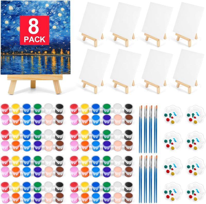 Photo 1 of  PACK OF 3 10In Canvas Boards for Painting, Art Canvas for Drawing with 16 Brushes & 8 Paint Trays & 16 Acrylic Paint, Mini Painting Canvas with Easel Set, Painting Kits for Adults & Kids Party