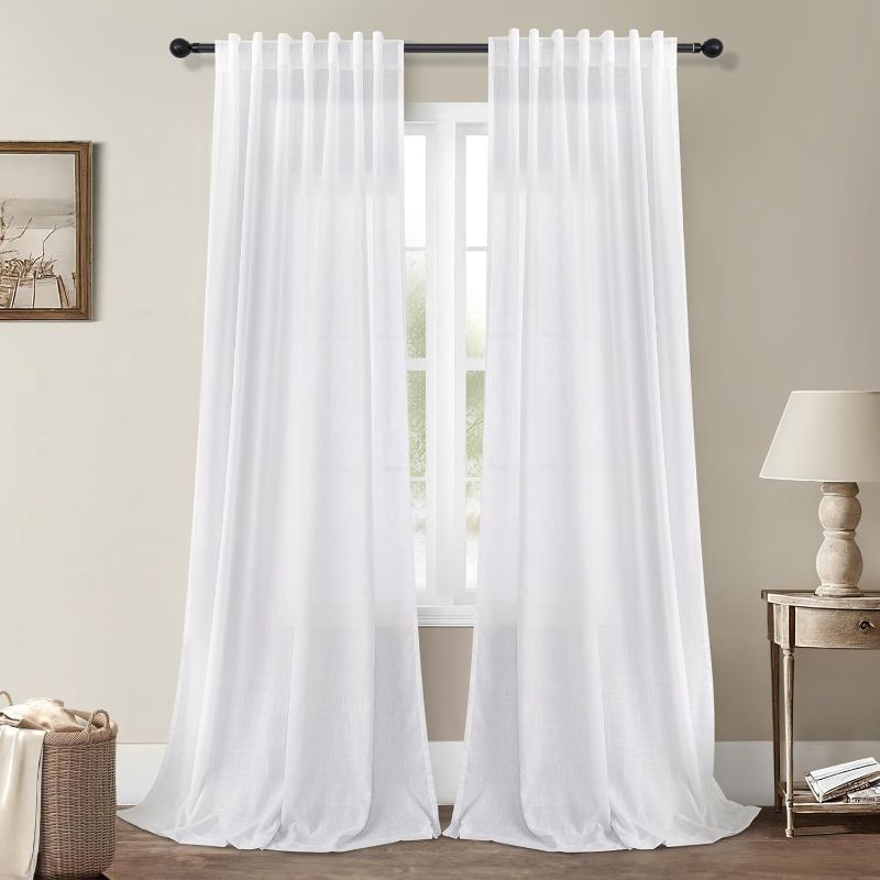Photo 1 of White Semi Sheer Linen Curtains 94 Inch Length 2 Panel Set