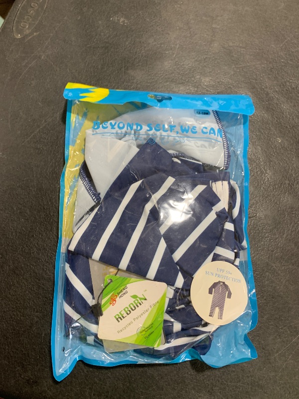 Photo 1 of weVSwe 12-18 Months Baby Boy Swimsuit Toddler Dark Blue Stripe Rash Guard Sun Protection Swimwear with Swim Hat