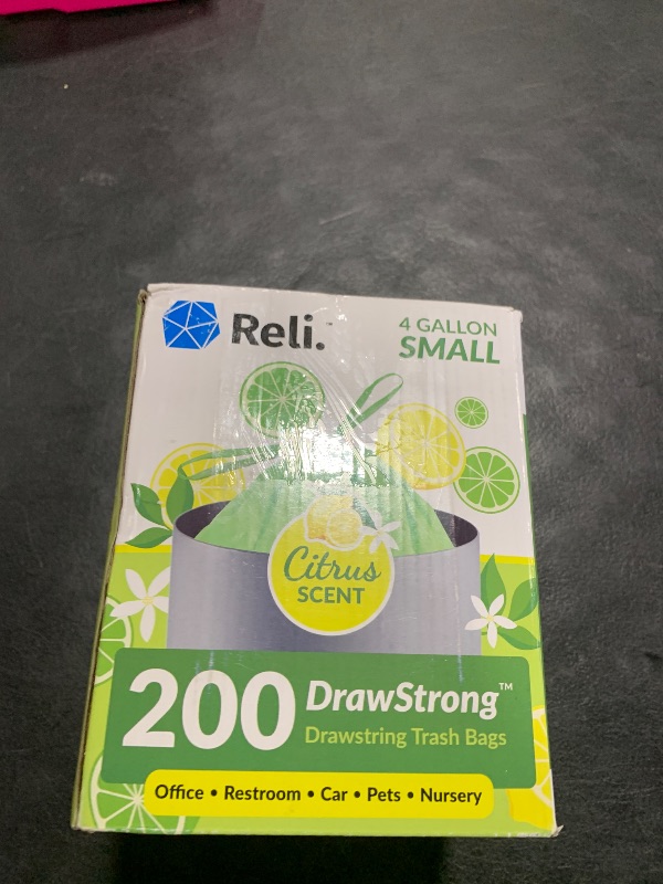 Photo 1 of Reli. 4 Gallon Trash Bags Drawstring (200 Count Bulk) | Citrus Scented Small Trash Bags | Garbage Liners for Bathroom Can | 2 Gal - 3 Gallon - 4 Gal Small Can Liners (Green)
