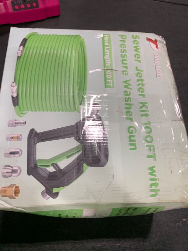 Photo 1 of Tool Daily Sewer Jetter Kit for Pressure Washer 100 FT, Short Power Washer Gun, Drain Cleaner Hose 1/4 Inch NPT, Corner, Rotating and Button Nose Sewer Jetting Nozzle, 3600 PSI