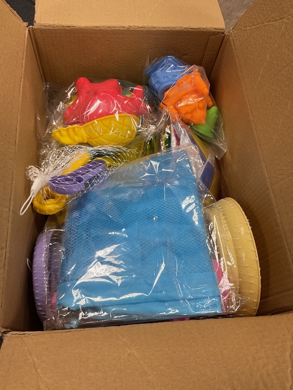 Photo 1 of Elcoho 44 Pieces Beach Toys Set with 3 Collapsible Bucket, 1 Sand Glass, 12 Sand Castle Building Kit, Shovels, Sunglasses, Beach Balls, Mesh Bags Summer Outdoor Party Games for Kids Aged 3-10