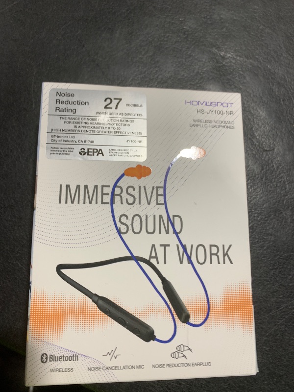 Photo 1 of HomeSpot Noise Reduction Wireless Neckband Headphones with Qualcomm aptX HD, 27dB NRR, CVC Noise Cancelling Mic & Controls and 20H Playtime for Work Safety OSHA Compliant - Blue Wire Orange Earbuds