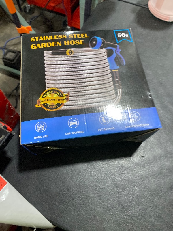 Photo 1 of Garden Hose 50FT, Water Hose with 10 Function Nozzle, Garden Hose Metal with Leak-proof Connectors, Kink-Free & Ultra Flexible, Rust/Pet/Puncture Proof for Lawn, Yard, RV, Car Wash, 550PSI