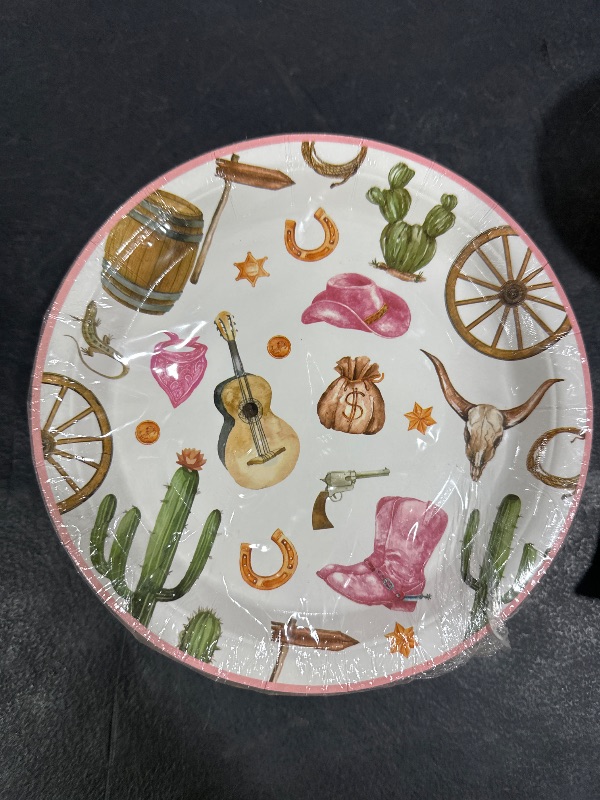 Photo 1 of Naozinebi 100pcs Western Cowgirl Party Paper Plates Cowgirl Party Decorations for Girls Pink Western Theme Dessert Plates Wild West Cow Print Tableware Decor for Baby Shower Rodeo Birthday Serves 100