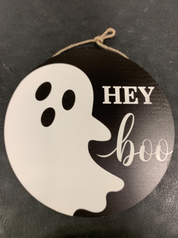 Photo 1 of Halloween Ghost Door Sign Ghost Wooden Door Hanger for Front Doors Hey Boo Welcome Hanging Signs Spooky Ghosts Doors Wreath Sign for Halloween Porch Yard Wall Home Party Decorations