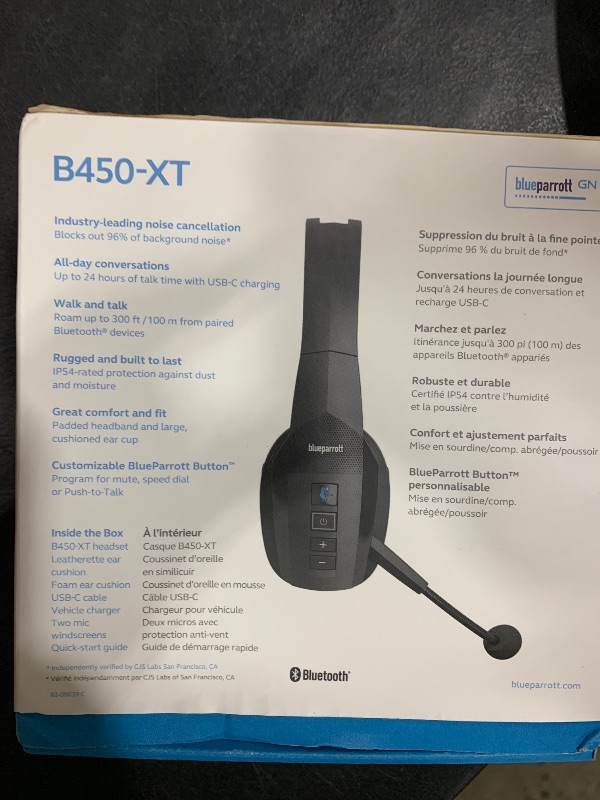 Photo 1 of BlueParrott B450-XT Mono Bluetooth Wireless Headphones 96% Noise Canceling Over Head Trucker Headset with Mic, All Day Comfort Padded Headband, 300 ft. Wireless Range, 24 hrs. Talk Time, Black