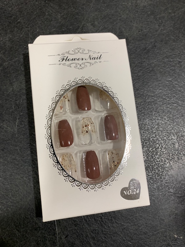 Photo 1 of SINHOT Coffin Press on Nails Medium Ballerina Glossy Glue on Nails Brown Gradient Acrylic False Nails Designs 24 pcs