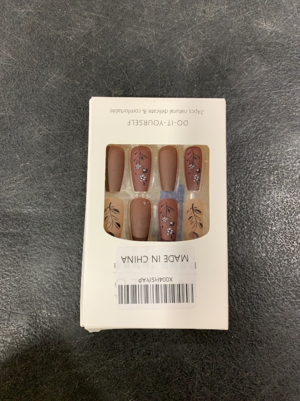 Photo 1 of Brown Rose Press on Nails Medium Coffin Valentines Acrylic Fake Nails 24Pcs Glossy White Flower False Nails Leaves Stick on Nails Valentine's Day Gift Gel Glue on Nails for Women Girls