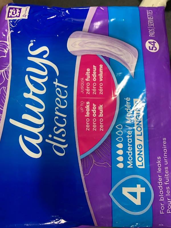 Photo 1 of Always Discreet Adult Incontinence Pads for Women, Moderate Absorbency, Long Length, Postpartum Pads, 54 Count