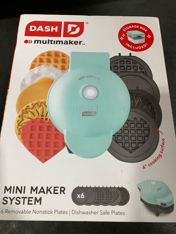 Photo 1 of DASH Multimaker Mini System - Waffle Maker with Six 4” Removable Plates & Storage Case: Waffle Iron & Griddle, 4-in-1 Mini Waffle Maker for Kids and Families – Nonstick Surface, Just Add Batter (Aqua)