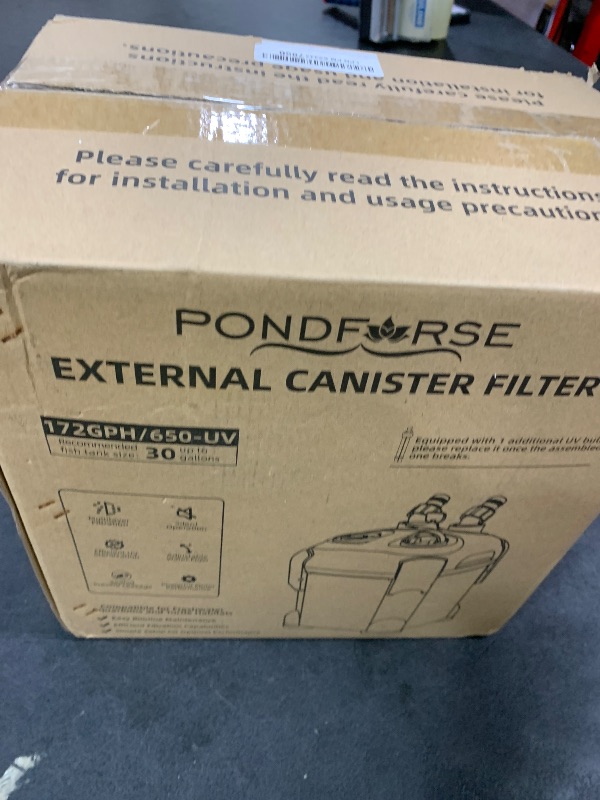 Photo 1 of PONDFORSE 172GPH Canister Filter, External Aquarium Filter Ultra-Quiet Water Circulation Cleaning Machine with Media for Fish Tanks and Aquariums Up to 30 Gallons (172GPH)