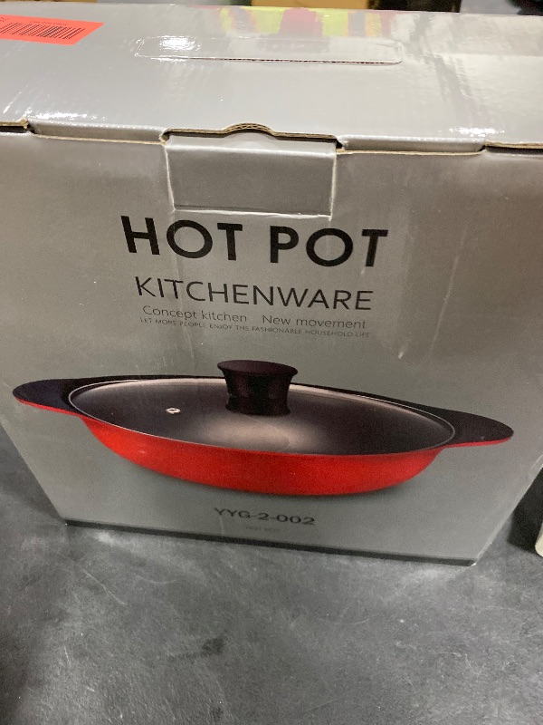 Photo 1 of Hot Pot with Divider for Induction Cooker Dual Sided Soup Cookware Two-flavor Chinese Shabu Shabu Pot for Home Party Family Gathering, 4.5 Quart (Red)
