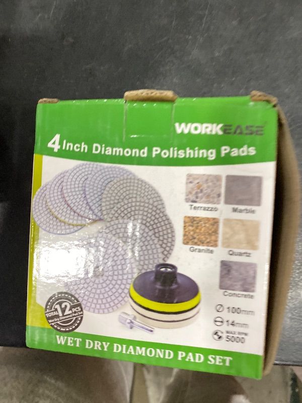 Photo 1 of 4 Inch Diamond Polishing Pads with 5/8’’-11 Backer Pad, 12PCS Wet/Dry Granite Stone Polish Pad Kit for Drill, Grinder, Polisher, 50-6000 Grit Polishing Pad for Concrete Marble Rock Countertop Quartz