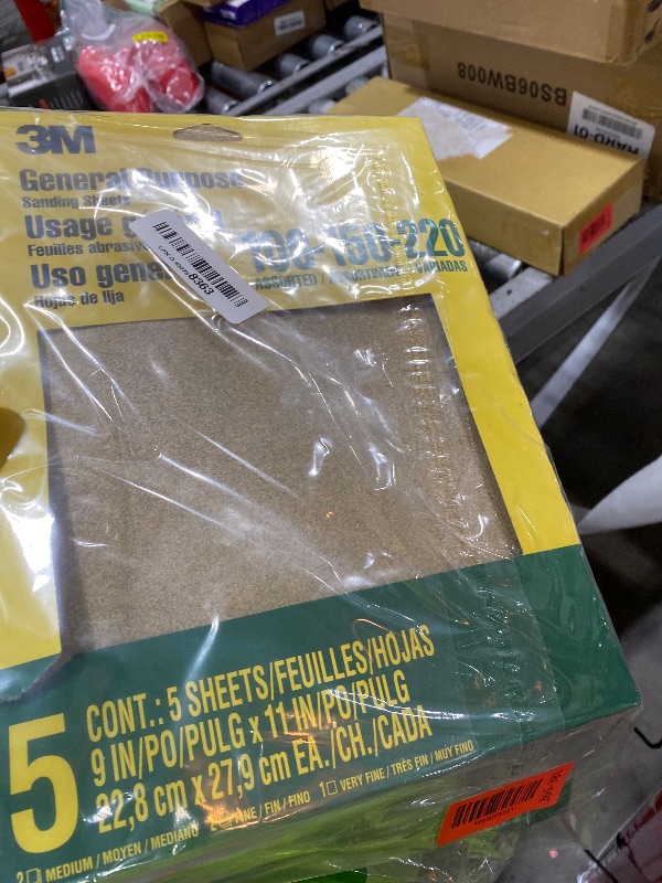 Photo 1 of 3M Aluminum Oxide Sandpaper, 5 Sheets, Assorted Grit 100-150-220, 9-in x 11-in, Multi-Purpose Abrasive Sanding Paper, For General Purpose Sanding On Paint, Wood and Metal (9005NA)