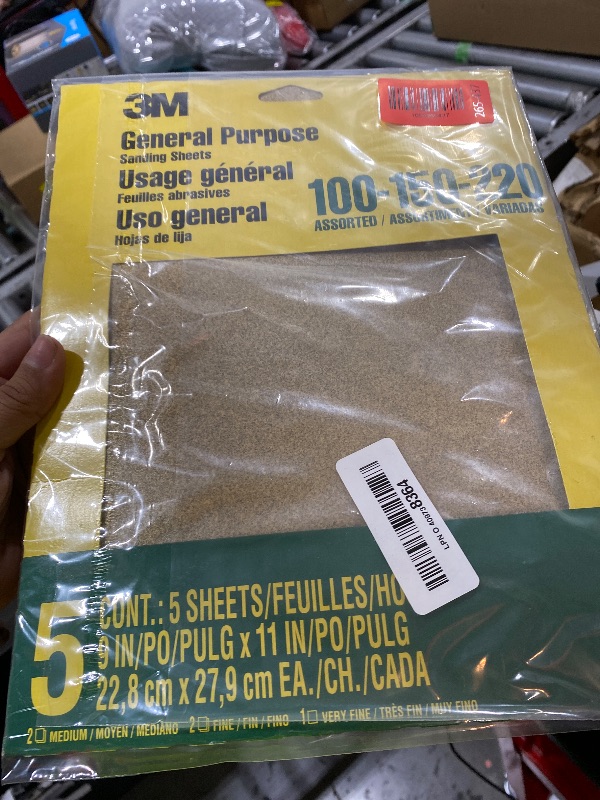 Photo 1 of 3M Aluminum Oxide Sandpaper, 5 Sheets, Assorted Grit 100-150-220, 9-in x 11-in, Multi-Purpose Abrasive Sanding Paper, For General Purpose Sanding On Paint, Wood and Metal (9005NA)