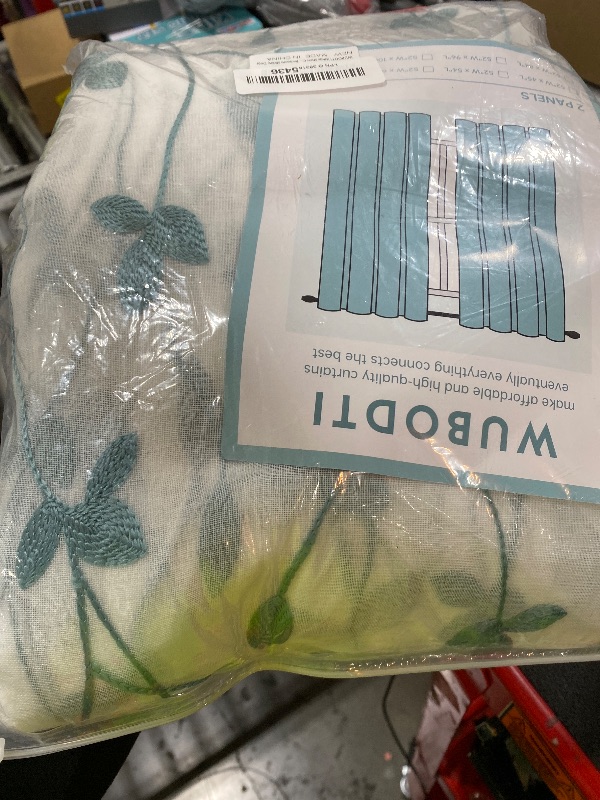 Photo 1 of WUBODTI Teal Sheer Leaf Pattern Curtains 84 Inches Long for Bedroom, Rod Pocket White Semi Sheer Leaves Embroidered Faux Linen Curtain Drapes 2 Panels for Living Room Sliding Door, Teal Blue