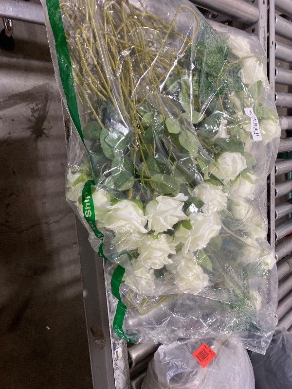 Photo 1 of Jexine 100 Pieces Artificial Roses Flowers Bulk, Long Stem Realistic Fake Silk Roses Bouquet for Table Centerpiece Vases Wedding Party Kitchen Decor(White)