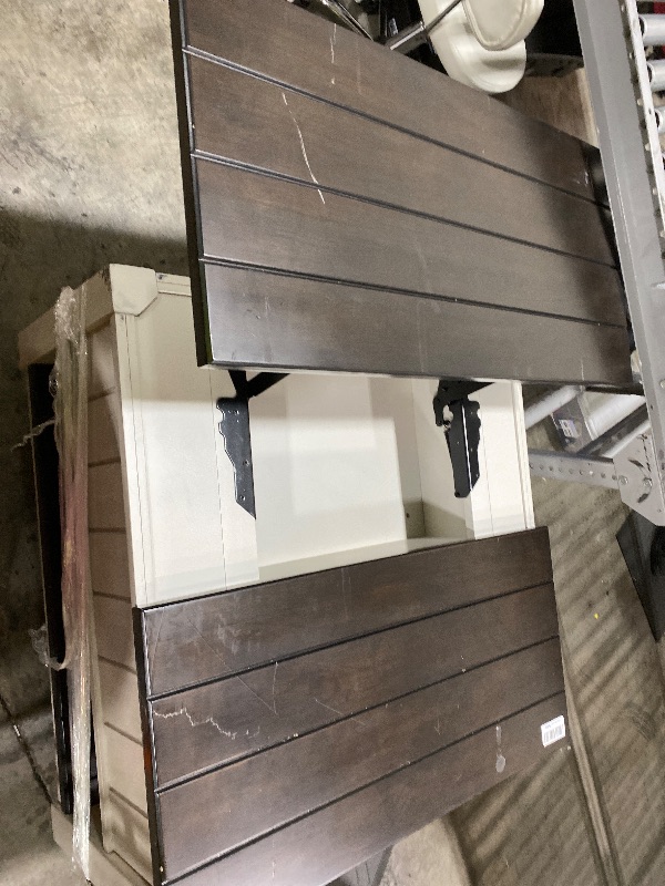 Photo 1 of Signature Design by Ashley Darborn Farmhouse Lift-Top Coffee Table with Drawers, Lower Shelf and Casters, Light Gray & Dark Brown