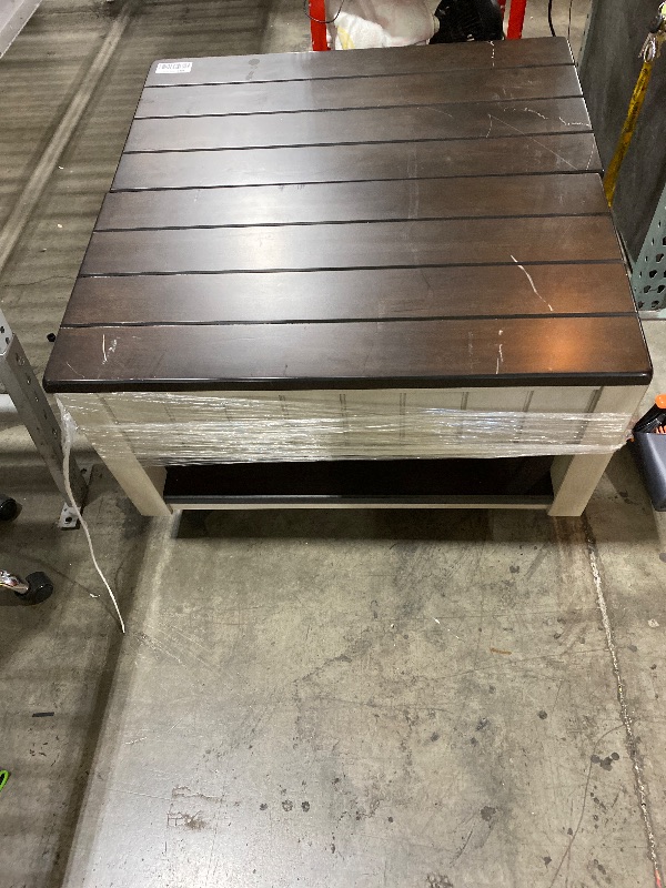 Photo 1 of Signature Design by Ashley Darborn Farmhouse Lift-Top Coffee Table with Drawers, Lower Shelf and Casters, Light Gray & Dark Brown
