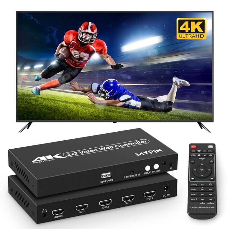 Photo 1 of 2x2 HDMI 4K Video Wall Controller with Media Player Function,4K@30HZ TV Wall Processor, 8 Display Modes 1x1 1x2 1x3 1x4 2x2 2x1 3x1 4x1 with Remote Control, 180°Rotate,with for 4x1-1 HDMI Input/Output