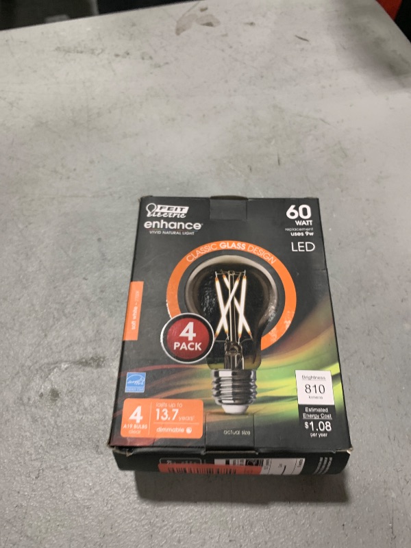 Photo 1 of Feit Electric LED Clear A19 Medium Base Light Bulb - 60W Equivalent - 15 Year Life - 810 Lumen - 2700K Soft White - Dimmable | 4-Pack