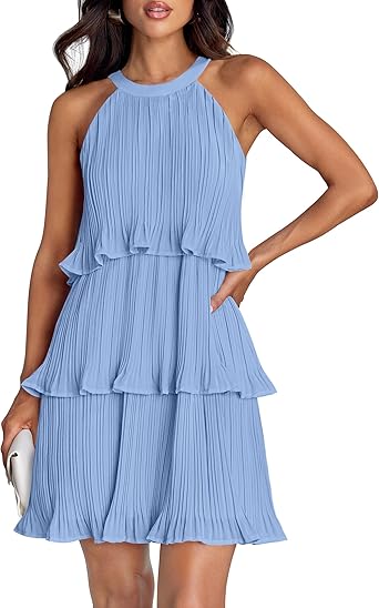 Photo 1 of ZESICA Women's 2025 Summer Halter Dresses Sleeveless Ruffle Tiered Layered Chiffon Pleated A Line Swing Mini Dress,LIGHT BLUE Medium