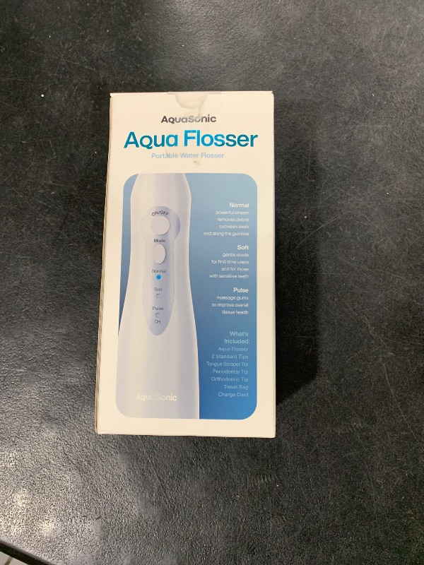 Photo 1 of AquaSonic Cordless Portable Rechargeable Waterproof Aqua Water Flossers for Teeth Cleaning, Oral Irrigator for Dental Cleaning with 5 Jet Tips, Braces, Home and Travel, White